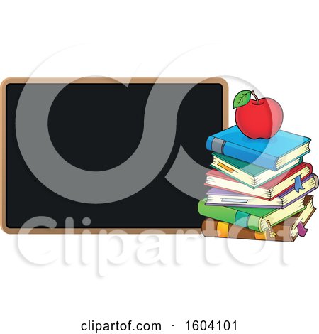 Clipart of a Red Apple on a Stack of Books by a Blackboard - Royalty Free Vector Illustration by visekart