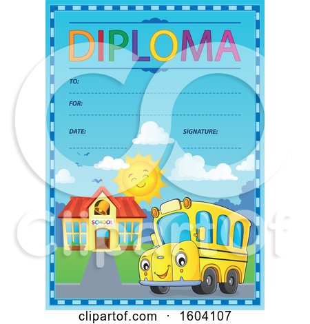 Clipart of a School Bus on a Diploma Certificate - Royalty Free Vector Illustration by visekart