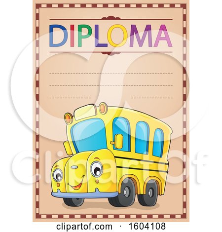 Clipart of a School Bus on a Diploma Certificate - Royalty Free Vector Illustration by visekart