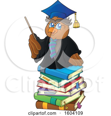 Clipart of a Professor Owl Teacher on a Stack of Books - Royalty Free Vector Illustration by visekart