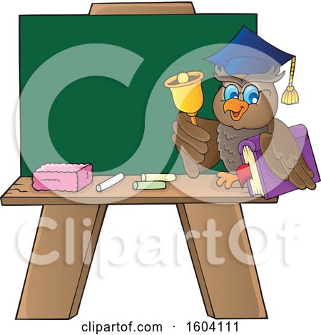 Clipart of a Professor Owl Teacher Ringing a Bell by a Chalkboard - Royalty Free Vector Illustration by visekart