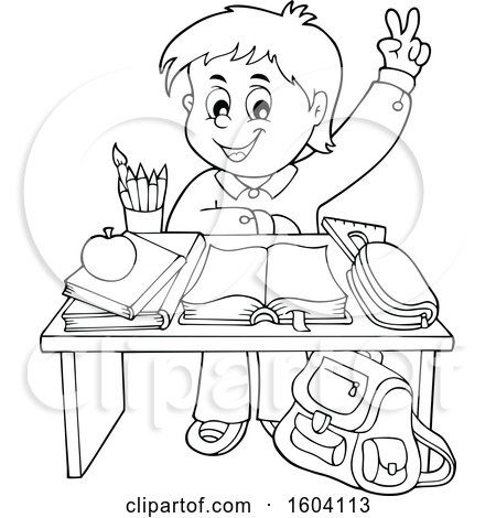Clipart of a Lineart School Boy Raising His Hand at His Desk - Royalty Free Vector Illustration by visekart