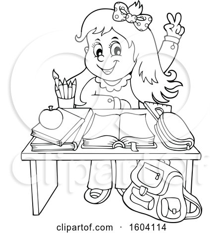 Clipart of a Lineart School Girl Raising Her Hand at Her Desk - Royalty Free Vector Illustration by visekart