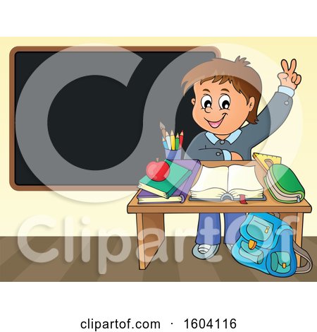 Clipart of a Caucasian School Boy Raising His Hand at His Desk in Front of a Blackboard - Royalty Free Vector Illustration by visekart