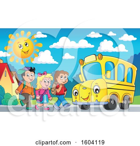 Clipart of a Group of Children Boarding a School Bus on a Sunny Morning - Royalty Free Vector Illustration by visekart
