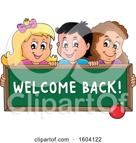 Clipart of a Group of School Children Holding a Welcome Back Chalkboard - Royalty Free Vector Illustration by visekart