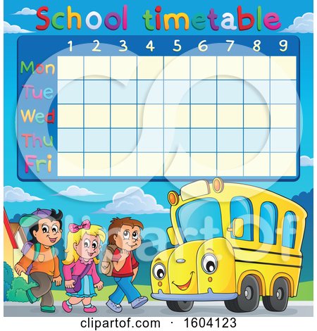 Clipart of a School Timetable with a Group of Children Boarding a Bus - Royalty Free Vector Illustration by visekart