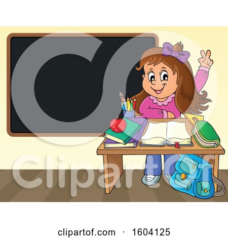 Clipart of a Caucasian School Girl Raising Her Hand at Her Desk by a Blackboard - Royalty Free Vector Illustration by visekart