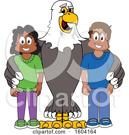 Clipart of a Bald Eagle School Mascot Character with Students - Royalty Free Vector Illustration by Mascot Junction