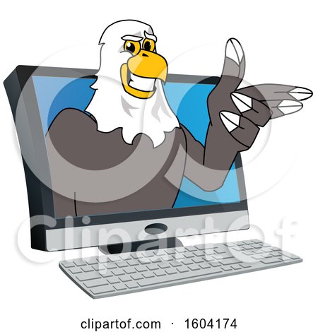 Clipart of a Bald Eagle School Mascot Character Emerging from a Computer Screen - Royalty Free Vector Illustration by Mascot Junction