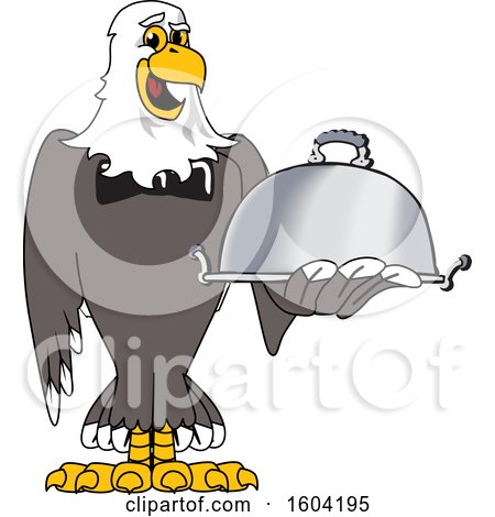 Clipart of a Bald Eagle School Mascot Character Holding a Platter - Royalty Free Vector Illustration by Mascot Junction