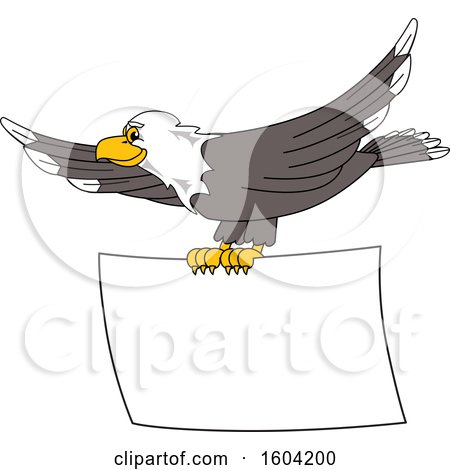 Clipart of a Bald Eagle School Mascot Character Flying with a Blank Banner - Royalty Free Vector Illustration by Mascot Junction