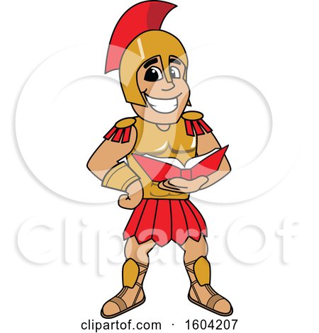 Clipart of a Spartan or Trojan Warrior School Mascot Character Reading a Book - Royalty Free Vector Illustration by Mascot Junction