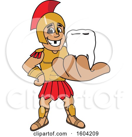 Clipart of a Spartan or Trojan Warrior School Mascot Character Holding a Tooth - Royalty Free Vector Illustration by Mascot Junction
