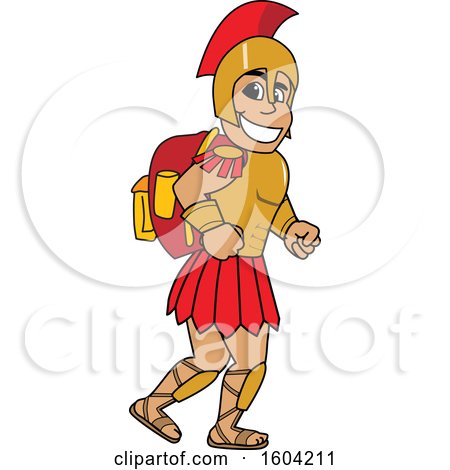 Clipart of a Spartan or Trojan Warrior School Mascot Character Wearing a Backpack - Royalty Free Vector Illustration by Mascot Junction