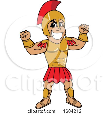 Clipart of a Spartan or Trojan Warrior School Mascot Character Flexing His Muscles - Royalty Free Vector Illustration by Mascot Junction