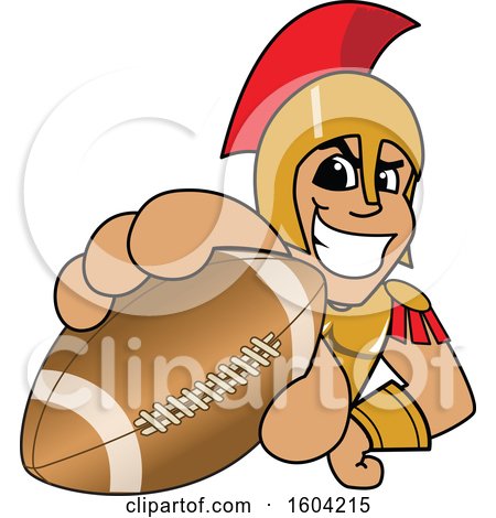 Clipart of a Spartan or Trojan Warrior School Mascot Character Grabbing a Football - Royalty Free Vector Illustration by Mascot Junction