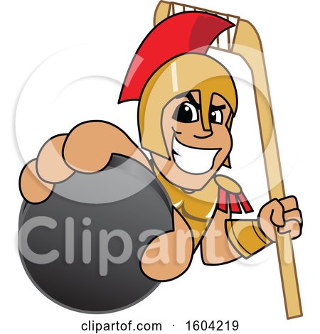 Clipart of a Spartan or Trojan Warrior School Mascot Character Holding a Hockey Puck and Stick - Royalty Free Vector Illustration by Mascot Junction