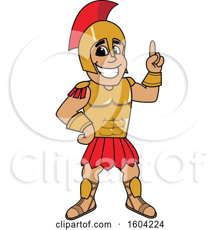Clipart of a Spartan or Trojan Warrior School Mascot Character Holding up a Finger - Royalty Free Vector Illustration by Mascot Junction