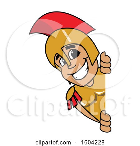 Clipart of a Spartan or Trojan Warrior School Mascot Character Looking Around a Sign - Royalty Free Vector Illustration by Mascot Junction