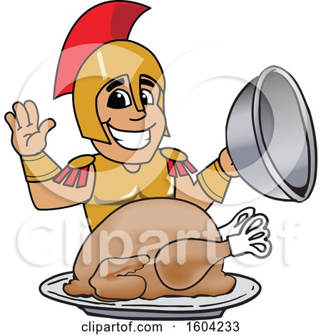 Clipart of a Spartan or Trojan Warrior School Mascot Character Serving a Thanksgiving Turkey - Royalty Free Vector Illustration by Mascot Junction