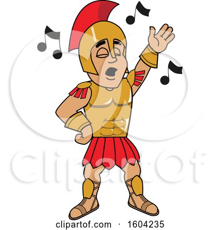 Clipart of a Spartan or Trojan Warrior School Mascot Character Singing - Royalty Free Vector Illustration by Mascot Junction