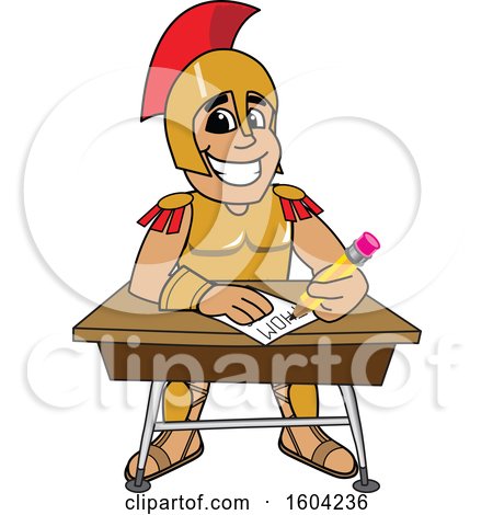 Clipart of a Spartan or Trojan Warrior School Mascot Character Writing at a Desk - Royalty Free Vector Illustration by Mascot Junction