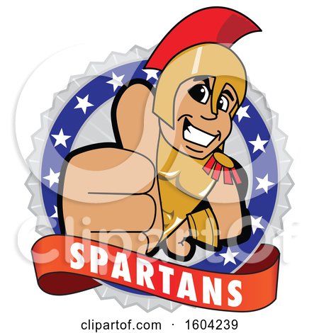 Clipart of a Spartan or Trojan Warrior School Mascot Character Holding a Thumb up on a Badge - Royalty Free Vector Illustration by Mascot Junction
