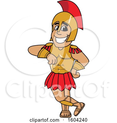 Clipart of a Spartan or Trojan Warrior School Mascot Character Leaning - Royalty Free Vector Illustration by Mascot Junction