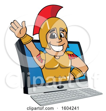 Clipart of a Spartan or Trojan Warrior School Mascot Character Emerging from a Computer Screen - Royalty Free Vector Illustration by Mascot Junction
