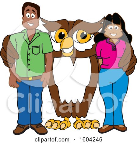 Clipart of a Brown and White Owl School Mascot Character with Parents - Royalty Free Vector Illustration by Mascot Junction