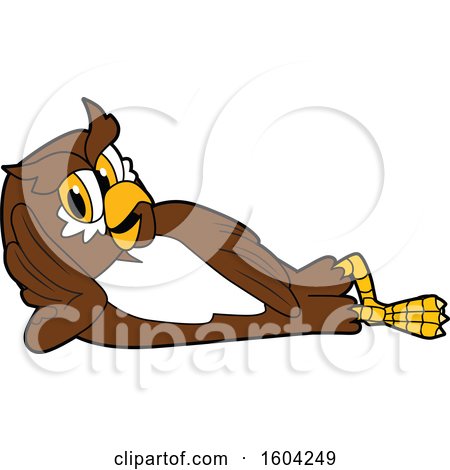 Clipart of a Brown and White Owl School Mascot Character Relaxing - Royalty Free Vector Illustration by Mascot Junction