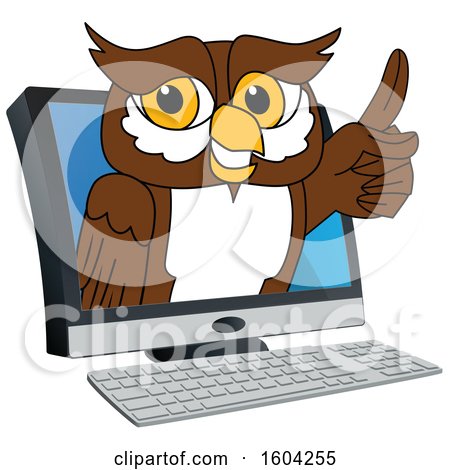 Clipart of a Brown and White Owl School Mascot Character Emerging from a Computer - Royalty Free Vector Illustration by Mascot Junction