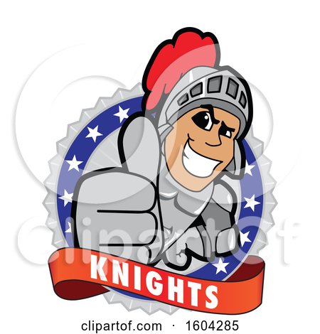 Clipart of a Knight School Mascot Character Holding a Thumb up on a Badge - Royalty Free Vector Illustration by Mascot Junction