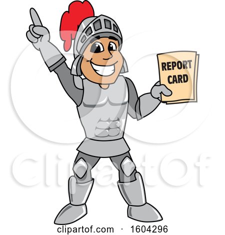Clipart of a Knight School Mascot Character Holding a Report Card - Royalty Free Vector Illustration by Mascot Junction