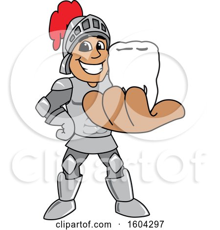 Clipart of a Knight School Mascot Character Holding a Tooth - Royalty Free Vector Illustration by Mascot Junction