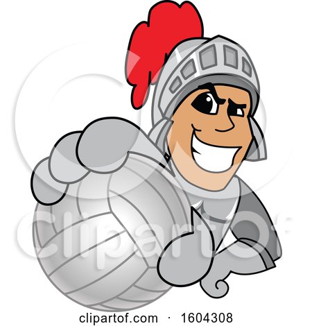 Clipart of a Knight School Mascot Character Grabbing a Volleyball - Royalty Free Vector Illustration by Mascot Junction