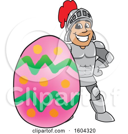 Clipart of a Knight School Mascot Character with an Easter Egg - Royalty Free Vector Illustration by Mascot Junction