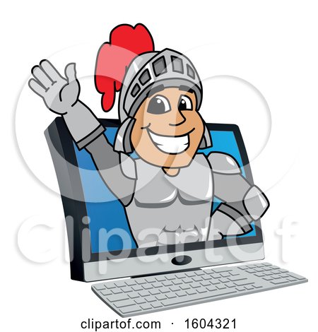 Clipart of a Knight School Mascot Character Emerging from a Computer Screen - Royalty Free Vector Illustration by Mascot Junction