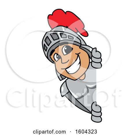 Clipart of a Knight School Mascot Character Looking Around a Sign - Royalty Free Vector Illustration by Mascot Junction