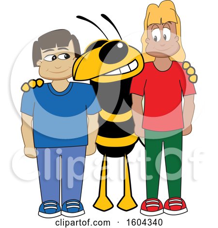 Clipart of a Hornet or Yellow Jacket School Mascot Character with Students - Royalty Free Vector Illustration by Mascot Junction