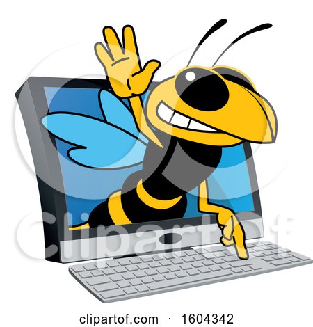 Clipart of a Hornet or Yellow Jacket School Mascot Character Emerging from a Computer Screen - Royalty Free Vector Illustration by Mascot Junction