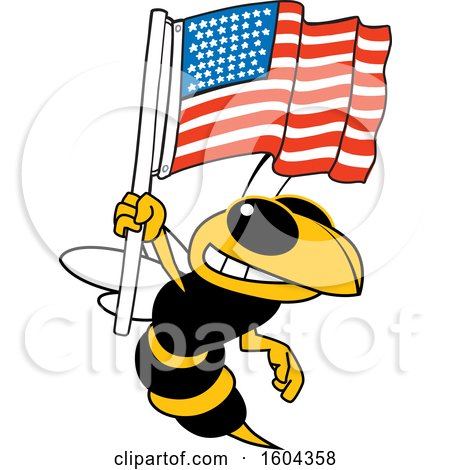 Clipart of a Hornet or Yellow Jacket School Mascot Character Holding an American Flag - Royalty Free Vector Illustration by Mascot Junction