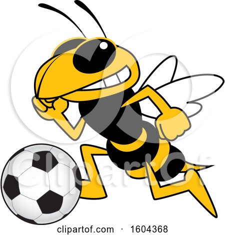 Clipart of a Hornet or Yellow Jacket School Mascot Character Playing Soccer - Royalty Free Vector Illustration by Mascot Junction