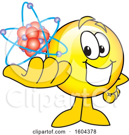 Clipart of a Smiley Emoji School Mascot Character Holding an Atom - Royalty Free Vector Illustration by Mascot Junction