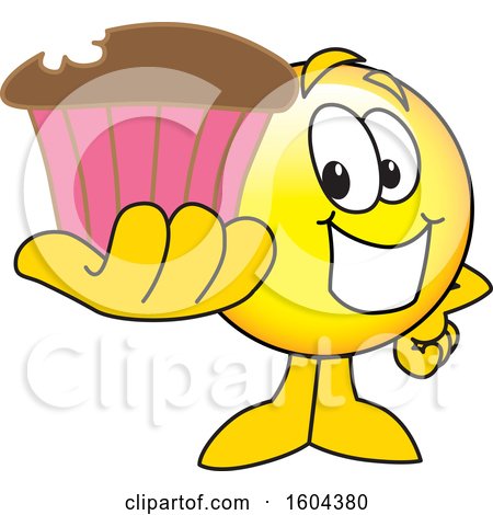Clipart of a Smiley Emoji School Mascot Character Holding a Cupcake - Royalty Free Vector Illustration by Mascot Junction