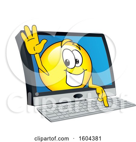Clipart of a Smiley Emoji School Mascot Character Emerging from a Computer Screen - Royalty Free Vector Illustration by Mascot Junction