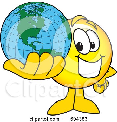 Clipart of a Smiley Emoji School Mascot Character Holding a Globe - Royalty Free Vector Illustration by Mascot Junction
