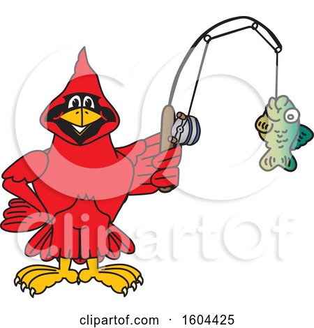 Clipart of a Red Cardinal Bird School Mascot Character Fishing - Royalty Free Vector Illustration by Toons4Biz