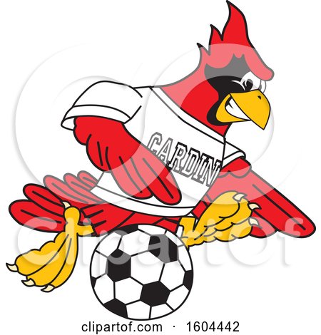 Clipart of a Red Cardinal Bird School Mascot Character Playing Soccer - Royalty Free Vector Illustration by Toons4Biz